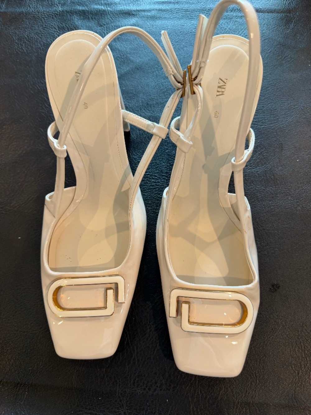 Zara White Patent Slingback Block Heels with Gold Tone Buckle 40 EU 10 US